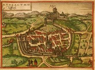 Gravure montrant la ville de Rouffach et le château Issenburg dédié à Isis selon l'étymologie fabuleuse du XVIe siècle.