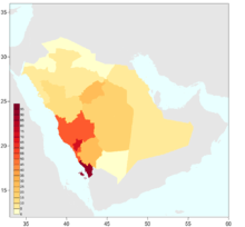 Densité de population en Arabie saoudite (hab./km2).