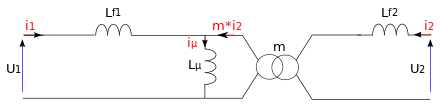 Schéma électrique équivalent d'un transformateur électrique non-idéal où les résistances sont négligées.