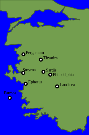 Localisation des sept cités et de l'île de Patmos, en Asie Mineure.