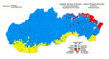 Les municipalités de Slovaquie selon la langue la plus utilisée (le slovaque est en bleu) d’après le recensement de 2011