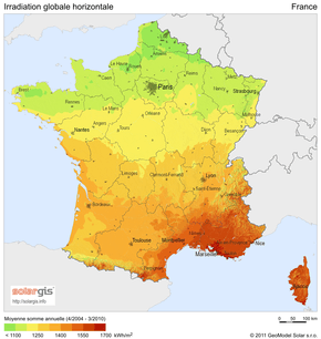 Carte de la radiation solaire en France