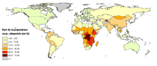 Carte de la faim dans le monde : en bordeaux, les régions gravement affectées où de 55 à 75 % de la population souffre de la faim, en rouge celles qui sont très sérieusement touchées avec 40 à 55 %, en orange vif les contrées sérieusement atteintes (de 25 à 40 %), en orange pâle modérément affectées (de 10 à 25 %), en jaune légèrement touchées (2,5 à 10 %). Le gris signale un manque de données, le vert les pays industrialisés où la faim concerne malgré tout de 1 à 2,5 % des gens.