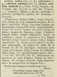 Définition de la langue provençale ou langue d'Oc. Entrée lengo du Trésor du Félibrige