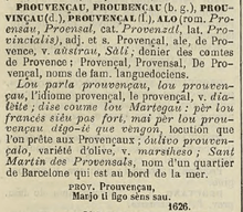 Définition du parler provençal, dialecte de Provence. Entrée prouvençau du Trésor du Félibrige