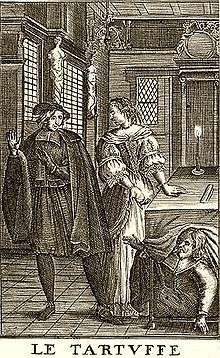 Coup de théâtre : Orgon sort de dessous la table où il était caché pour interrompre la déclaration amoureuse de Tartuffe à sa femme Elmire.