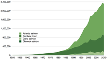 Production en aquaculture de toutes les espèces de saumons entre 1950 et 2010[23].