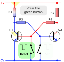 Exemple de schéma de multivibrateur bistable (R1, R2 = 1 kΩ, R3, R4 = 10 kΩ).