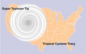 Dimensions relatives entre le typhon Tip et le cyclone Tracy sur une carte des États-Unis.
