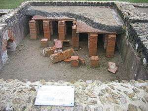 Coupe du système d'hypocauste des thermes d'une villa de Vieux-la-Romaine, Calvados, France.