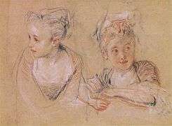 Exemple de technique aux trois crayons, études de jeune fille par Watteau.