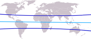 Les tropiques (lignes bleu foncé) de part et d'autre de l'équateur (ligne bleu clair)