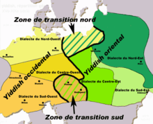 Carte des dialectes yiddish entre le XVe et le XIXe siècle.