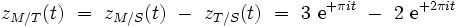 z_{M / T}(t) \ = \ z_{M / S}(t) \ - \ z_{T / S}(t) \ = \ 3 \ \mathrm{e}^{+\pi i t} \ - \ 2 \ \mathrm{e}^{+2 \pi i t}