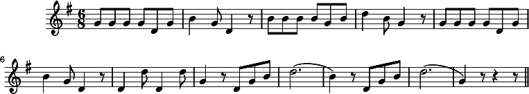 
\version "2.14.2"
\header {
  tagline = ##f
}

\score {
  \new Staff \with {
    %\remove "Time_signature_engraver"
  }
  \relative c'' {
    \key g \major
    \time 6/8
    \tempo 8 = 240
    \set Staff.midiInstrument = #"oboe"

     %%%% Jean de la Lune
     g8 g g g  d g b4 g8 d4 r8 b' b b b g b d4 b8 g4 r8 
     g8 g g g  d g b4 g8 d4 r8 d4 d'8 d,4 d'8 g,4 r8
     d8 g b d2.( b4) r8 d,8 g b d2.(  g,4) r8 r4 r8
     \bar "||"

  }
  \layout {
    \context {
      \Score
      \remove "Metronome_mark_engraver"
    }
  }
  \midi {}
}
