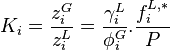 K_i = \frac{z_i^G}{z_i^L} = \frac{\gamma_i^L}{\phi_i^G}.\frac{f_i^{L,*}}{P}