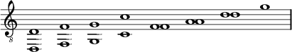 \new Staff \with {\remove "Time_signature_engraver"}{\time 8/1 \clef "G_8" { << {d1 f g c' f a d'} \\ {d,1 f, g, c f a d' g'} >>}}