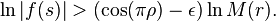 \ln |f(s)| > (\cos(\pi\rho)-\epsilon)\ln M(r).