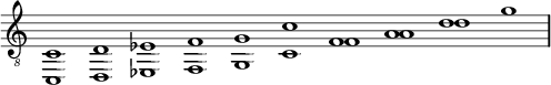 \new Staff \with {\remove "Time_signature_engraver"}{\time 10/1 \clef "G_8" { << {c1 d ees f g c' f a d'} \\ {c,1 d, ees, f, g, c f a d' g'} >>}}