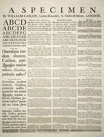 威廉·卡斯隆制作的一张字体排印样表