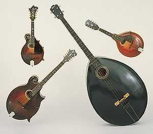 1920 Gibson F-4 mandolin, 1917 Gibson H-2 mandola, 1924 Gibson K-4 mandocello, and 1929 Gibson mando-bass, from Gregg Miner's collection