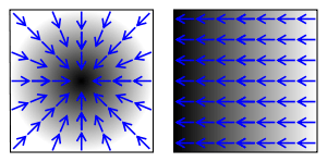 上面两个图中，标量场是黑白的，黑色表示大的数值，而其相应的梯度用蓝色箭头表示。