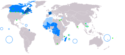 法语圈 图例 :
深蓝：母语
蓝色：行政、官方语言
浅蓝：文化语言
绿色：少数法语用户