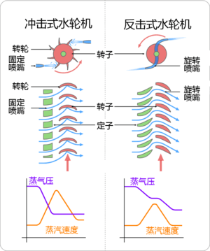 图中左为冲击式水轮机，右为反击式水轮机